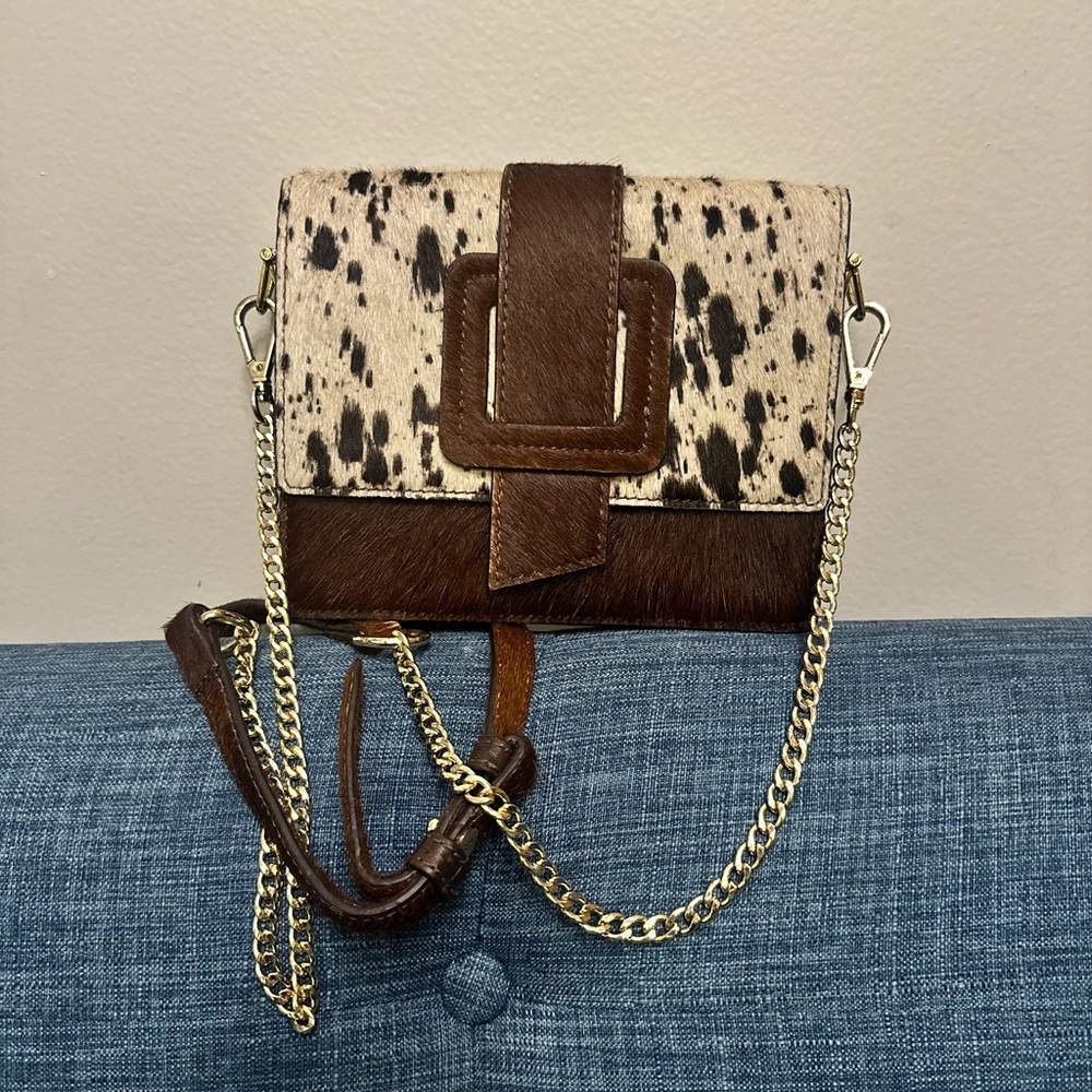 Tmrw Studio Brown And White Cow Print‎ Cowhide Leather Camera Crossbody Handbag